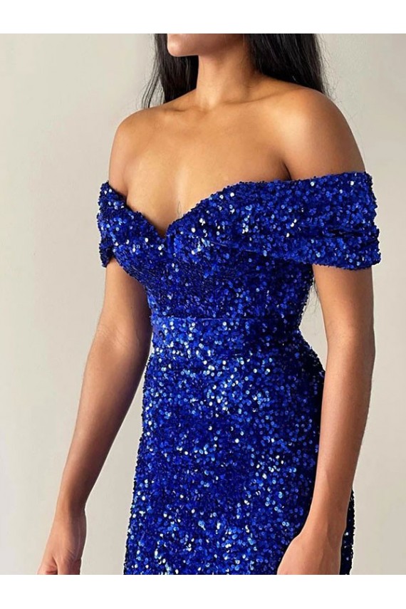 Online Mermaid Off the Shoulder Sleeveless Long Sweep Train Velvet Sequin Prom Dress UK