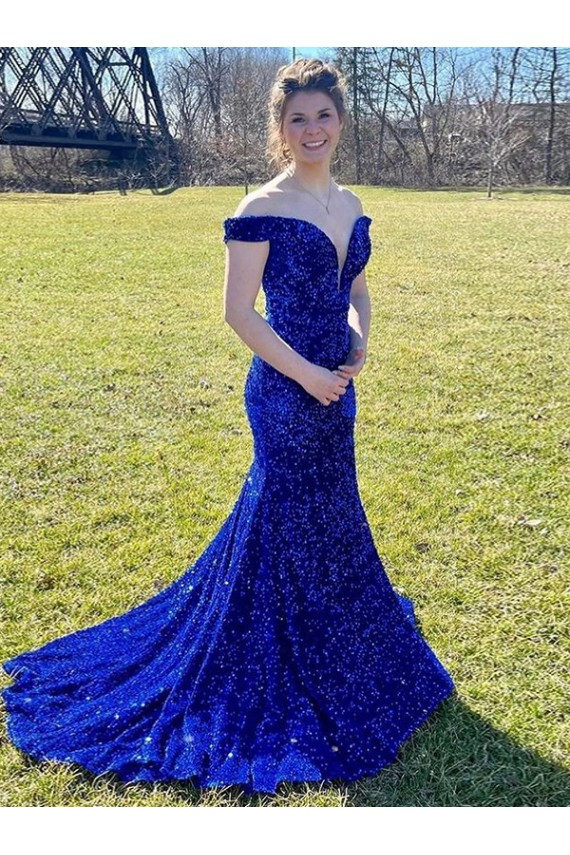 Online Off the Shoulder Sleeveless Long Sweep Train Velvet Sequin Prom Dress UK