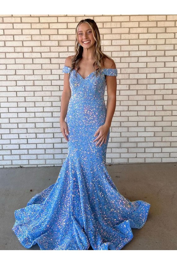 Online Mermaid Off the Shoulder Sleeveless Long Floor Length Velvet Sequin Prom Dress UK