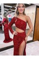 Online Mermaid One Shoulder Long Sleeves Long Sweep Train Velvet Sequin Prom Dress with High Slit UK