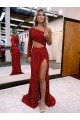Online Mermaid One Shoulder Long Sleeves Long Sweep Train Velvet Sequin Prom Dress with High Slit UK
