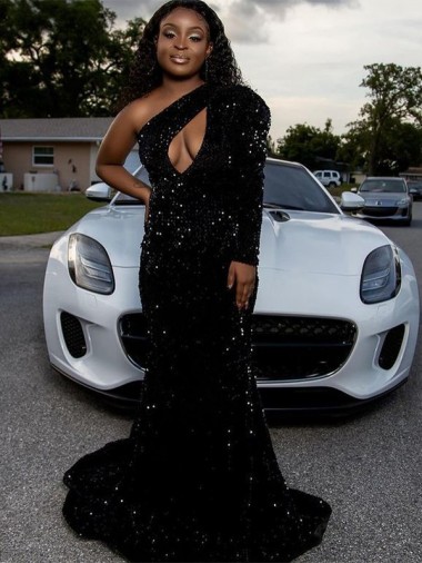 Online One Shoulder Long Sleeves Long Sweep Train Velvet Sequin Prom Dress UK