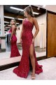 Online Mermaid One Shoulder Sleeveless Long Sweep Train Velvet Sequin Prom Dress with High Slit UK