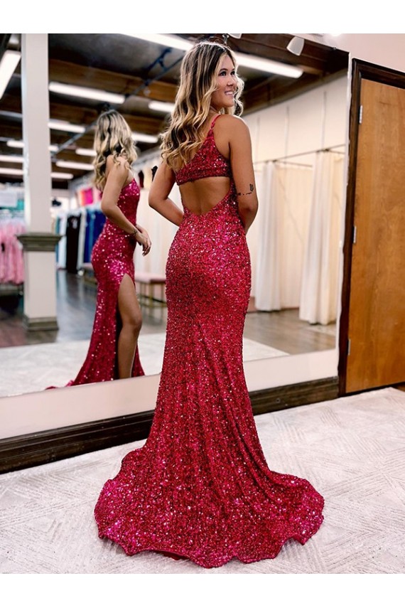 Online Mermaid One Shoulder Sleeveless Long Sweep Train Velvet Sequin Prom Dress with High Slit UK