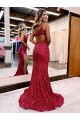 Online Mermaid One Shoulder Sleeveless Long Sweep Train Velvet Sequin Prom Dress with High Slit UK