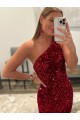 Online Open Back One Shoulder Sleeveless Long Sweep Train Velvet Sequin Prom Dress UK