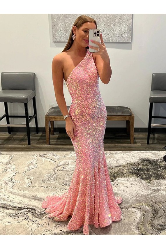Online Open Back One Shoulder Sleeveless Long Sweep Train Velvet Sequin Prom Dress UK
