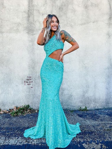 Online Mermaid One Shoulder Sleeveless Long Sweep Train Velvet Sequin Prom Dress UK