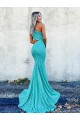 Online Mermaid One Shoulder Sleeveless Long Sweep Train Velvet Sequin Prom Dress UK