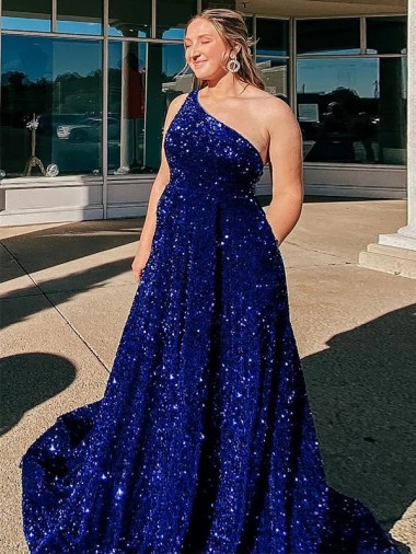 Online A-Line One Shoulder Sleeveless Long Sweep Train Velvet Sequin Prom Dress with Pockets UK