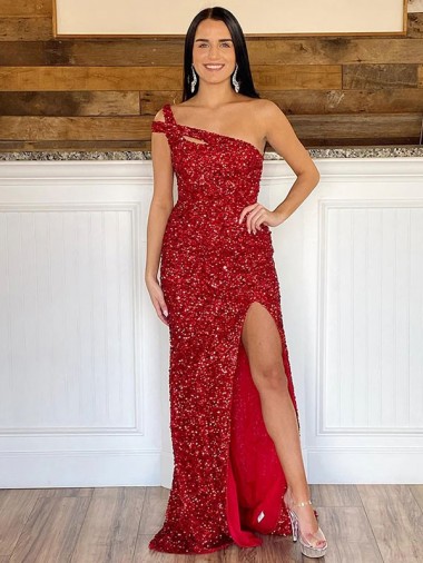 Online One Shoulder Sleeveless Long Sweep Train Velvet Sequin Prom Dress UK