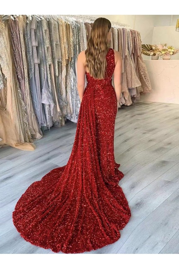 Online One Shoulder Sleeveless Long Court Train Velvet Sequin Prom Dress with Slit UK