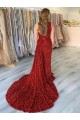 Online One Shoulder Sleeveless Long Court Train Velvet Sequin Prom Dress with Slit UK