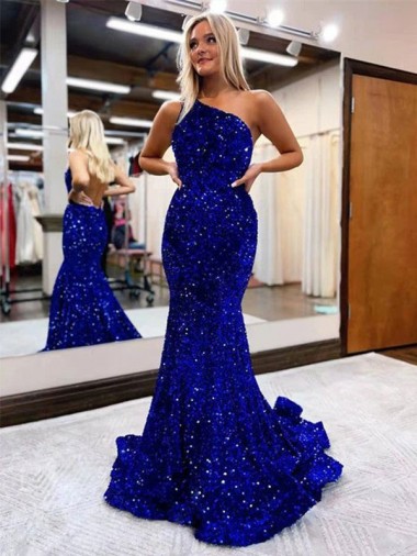 Online Mermaid One Shoulder Open Back Long Sweep Train Velvet Sequin Prom Dress UK
