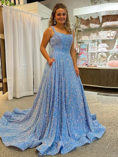 Online A-Line Scoop Sleeveless Long Court Train Velvet Sequin Prom Dress UK