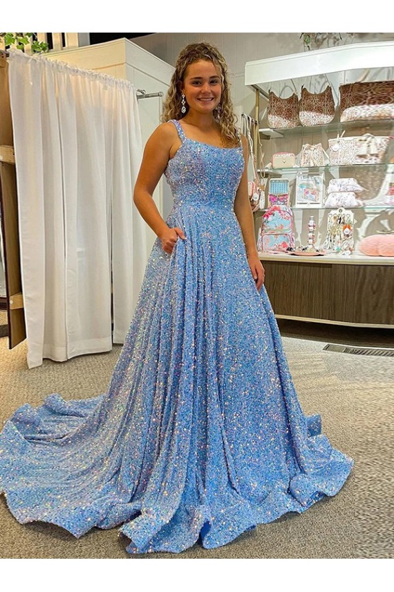 Online A-Line Scoop Sleeveless Long Court Train Velvet Sequin Prom Dress UK