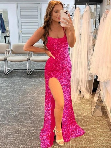 Online Spaghetti Straps Sleeveless Long Velvet Sequin Prom Dress with Slit and Criss Cross Open Back UK