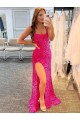 Online Spaghetti Straps Sleeveless Long Velvet Sequin Prom Dress with Slit and Criss Cross Open Back UK