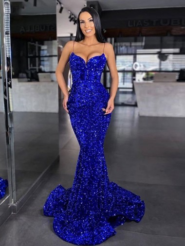 Online Mermaid Spaghetti Straps Sleeveless Long Sweep Train Velvet Sequin Prom Dress UK