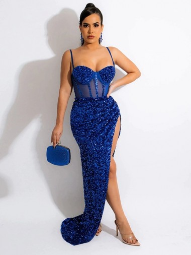 Online Long Sweep Train Spaghetti Straps Sleeveless Velvet Sequin Prom Dress with Slit UK