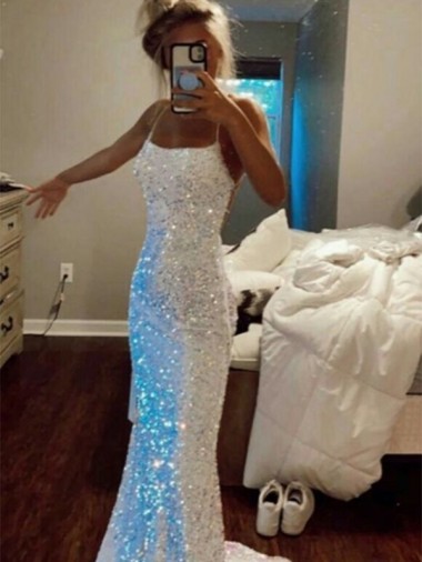 Online Long Spaghetti Straps Sleeveless Sweep Train Velvet Sequin Prom Dress UK