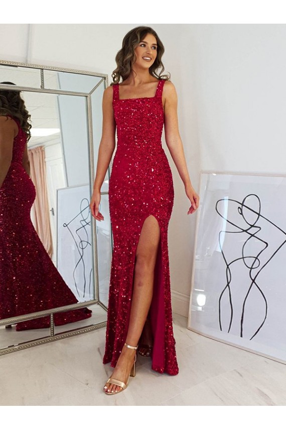 Online Square Neck Sleeveless Long Velvet Sequin Prom Dress with Slit UK