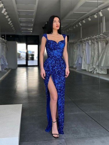 Online Sleeveless Long Sweep Train Velvet Sequin Prom Dress with High Slit and Straps UK