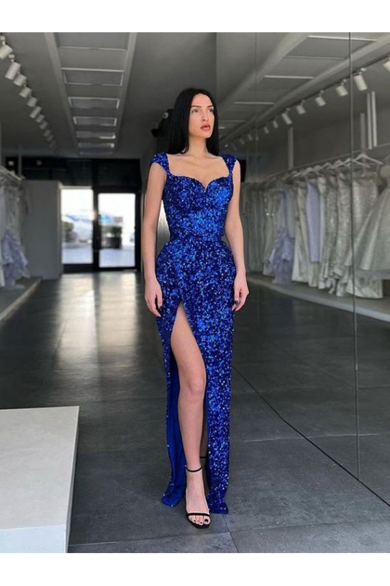 Online Sleeveless Long Sweep Train Velvet Sequin Prom Dress with High Slit and Straps UK