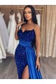 Online Sweetheart Sleeveless Long Sweep Train Velvet Sequin Prom Dress with Slit UK
