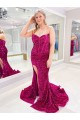 Online Long Sweetheart Sleeveless Sweep Train Velvet Sequin Prom Dress with Slit UK