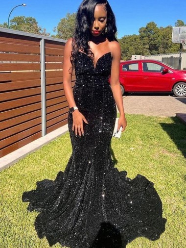 Online Mermaid Sweetheart Sleeveless Long Floor Length Velvet Sequin Prom Dress UK
