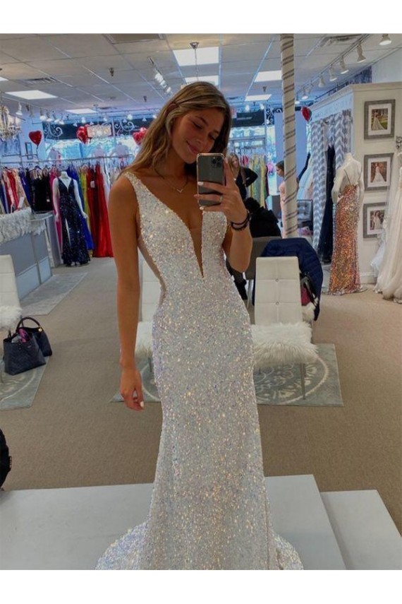 Online V-Neck Sleeveless Long Velvet Sequin Prom Dress with Sweep Train UK