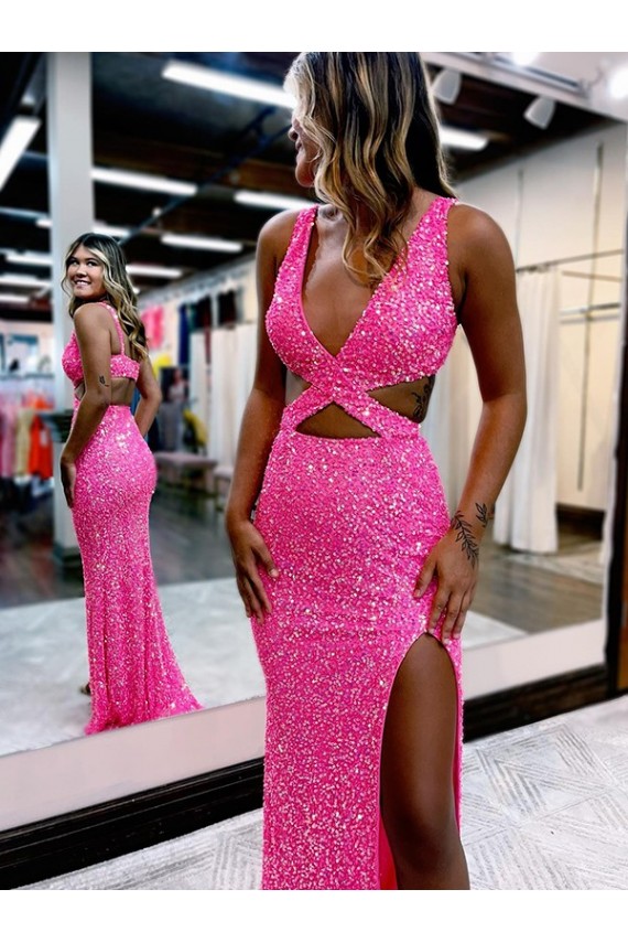 Online Long V-Neck Sleeveless Sweep Train Velvet Sequin Prom Dress with High Slit UK