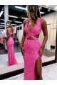 Online Long V-Neck Sleeveless Sweep Train Velvet Sequin Prom Dress with High Slit UK