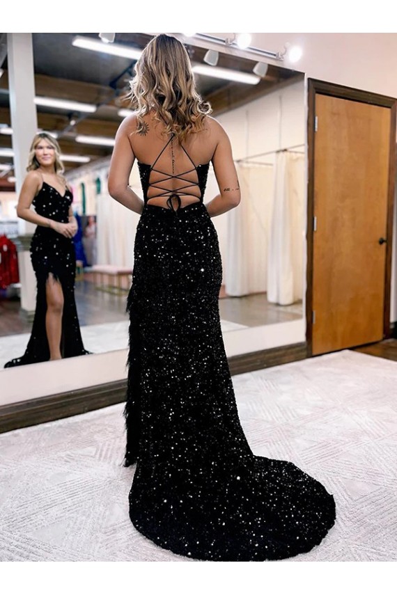 Online V-Neck Sleeveless Long Velvet Sequin Royal Blue Prom Dress with Side Slit UK