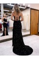 Online V-Neck Sleeveless Long Velvet Sequin Royal Blue Prom Dress with Side Slit UK