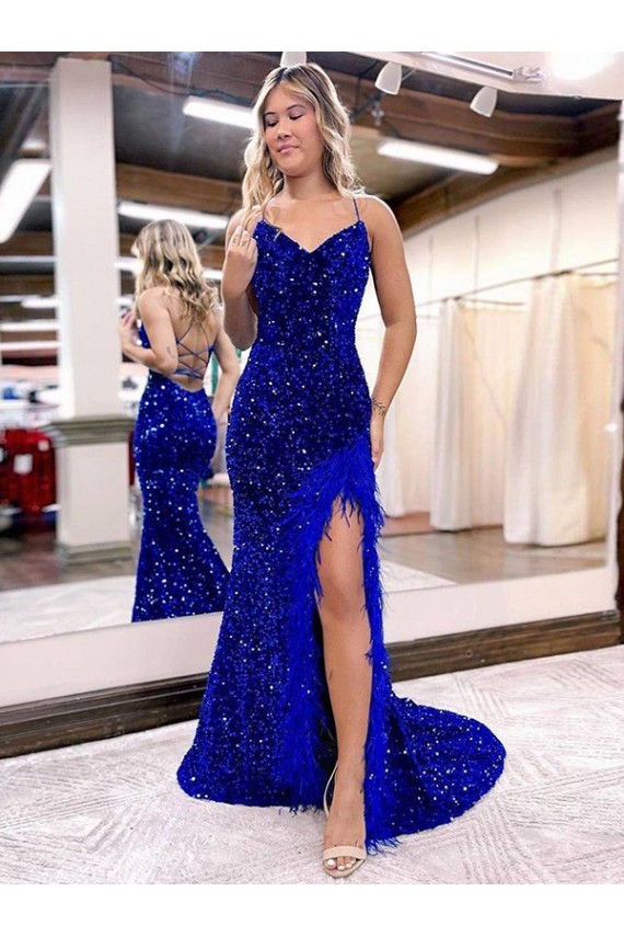 Online V-Neck Sleeveless Long Velvet Sequin Royal Blue Prom Dress with Side Slit UK