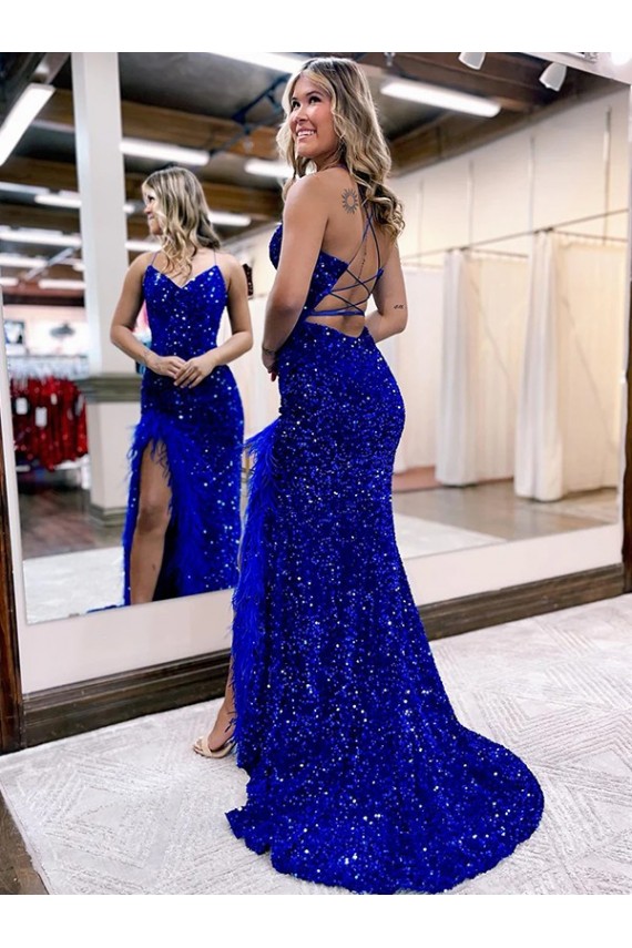 Online V-Neck Sleeveless Long Velvet Sequin Royal Blue Prom Dress with Side Slit UK