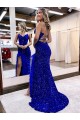 Online V-Neck Sleeveless Long Velvet Sequin Royal Blue Prom Dress with Side Slit UK