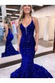 Online Mermaid V-Neck Sleeveless Long Court Train Velvet Sequin Prom Dress UK