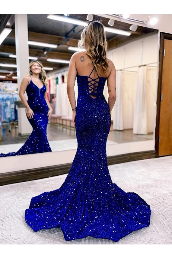Online Mermaid V-Neck Sleeveless Long Court Train Velvet Sequin Prom Dress UK