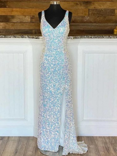 Online V-Neck Sleeveless Long Sweep Train Velvet Sequin Prom Dress UK