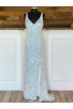 Online V-Neck Sleeveless Long Sweep Train Velvet Sequin Prom Dress UK