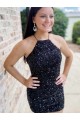 Online Halter Sleeveless Short Velvet Sequin Prom Dress UK