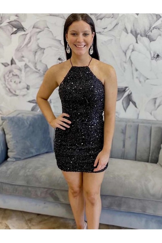 Online Halter Sleeveless Short Velvet Sequin Prom Dress UK
