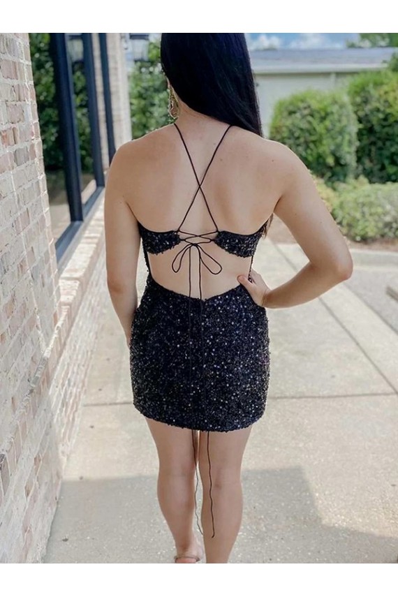 Online Halter Sleeveless Short Velvet Sequin Prom Dress UK