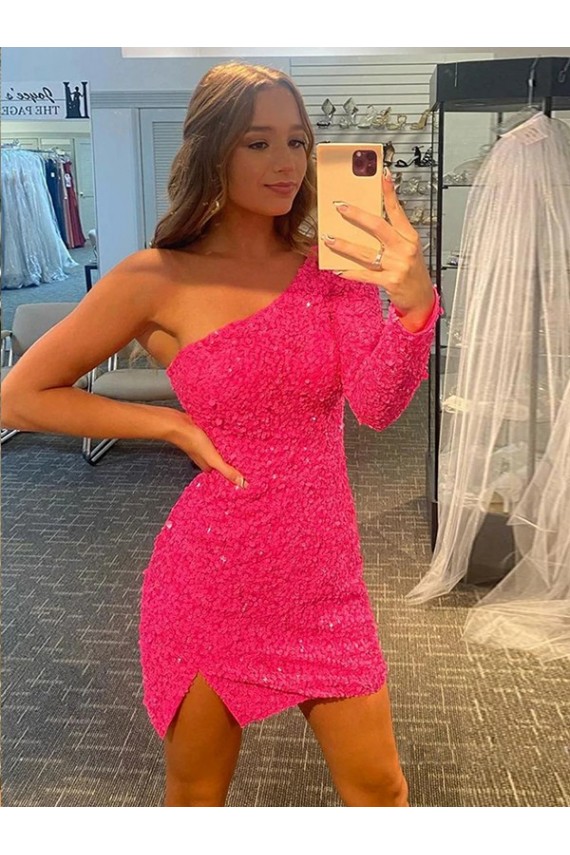 Online Short Velvet Sequin One Shoulder Long Sleeves Prom Dress UK
