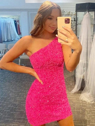 Online Short One Shoulder Sleeveless Velvet Sequin Prom Dress UK