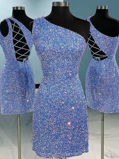 Online Short Velvet Sequin One Shoulder Sleeveless Prom Dress UK