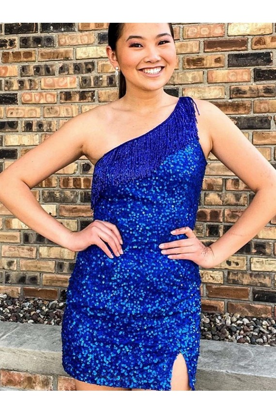 Online One Shoulder Sleeveless Short Velvet Sequin Royal Blue Prom Dress UK